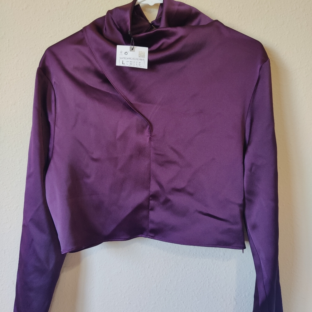 Zara Purple Satin Women's NET Crop Top Long Sleeve Size L